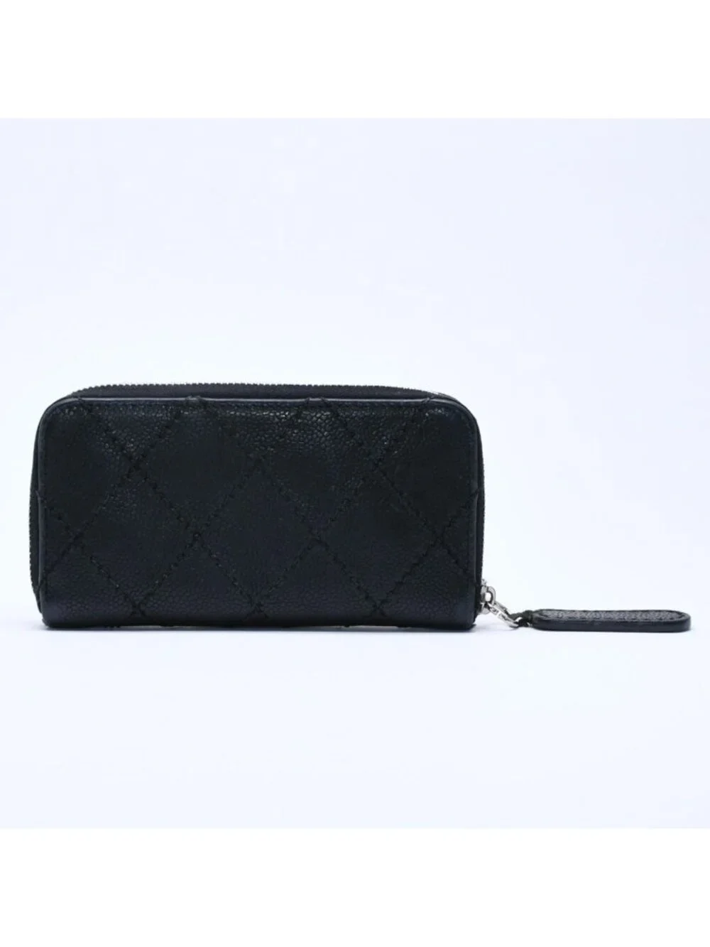 Chanel Leather Wallet Card Case CC Logo Wild Stitch Caviar Black Silver
